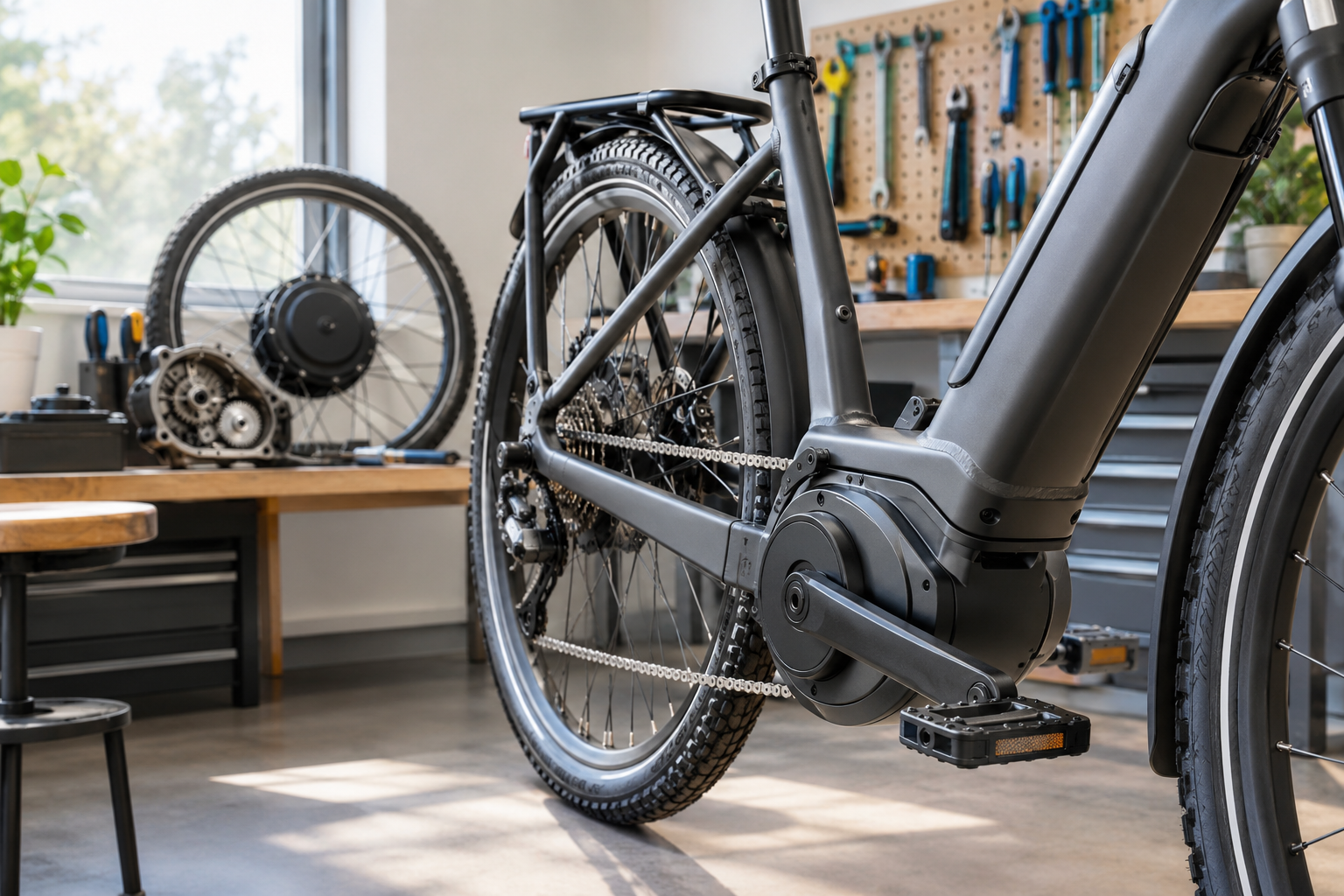 Gros plan sur le moteur central d’un vélo électrique dans un atelier de réparation